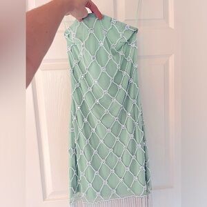 Beaded mesh dress, mint green with pearl & silver beads